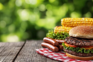 3D rendering of an outdoor barbecue scene with grilled burgers, hot dogs, corn on the cob, and a variety of salads, Backyard BBQ, Fun and communal