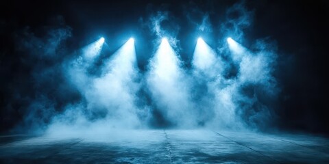 Obraz premium Empty Dark Stage with Spotlights and Fog Effects