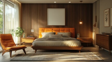 Mid-century bedroom with an empty wall plaque.