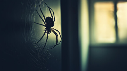Spider spinning a web by a window in soft natural light, forming an intriguing and slightly spooky sight ideal for halloween