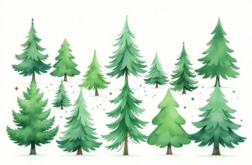 Obraz premium A collection of watercolor green Christmas fir trees 