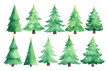 A collection of watercolor green Christmas fir trees 