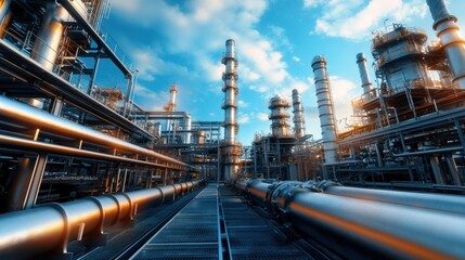 Fototapeta premium Industrial refinery with pipelines and metal structures under blue sky. Oil and gas production concept
