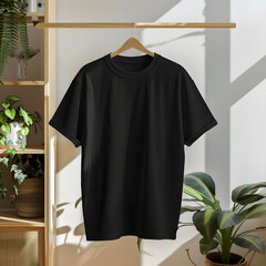 black t-shirt hanging in the room with  technology with white shades, pop-art, png