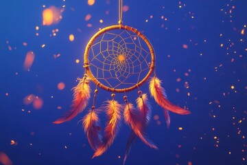 A dream catcher with feathers is suspended in the air