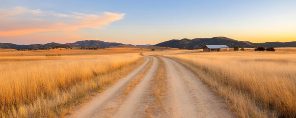 Long dirt road leads to an australian outback farmhouse in a golden grassy field at sunset
