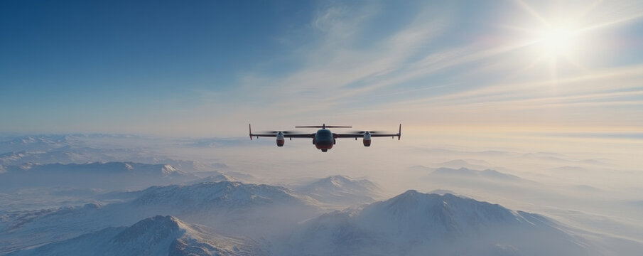 Innovative transportation technology: modern electric vtol aircraft soaring over snowy mountain range at sunrise