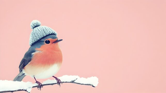 Minimalist Pop Art Bird Perching on Snowy Branch in Wool Hat Against Pink Background