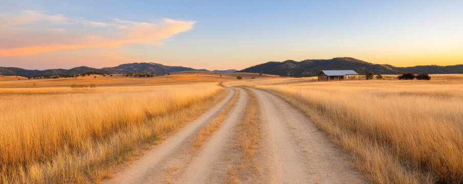 Long dirt road leads to an australian outback farmhouse in a golden grassy field at sunset
