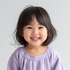 Joyful Asian toddler girl with a bob haircut smiling in a purple shirt
