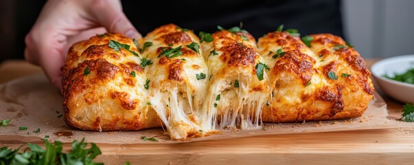 Close-up of cheesy garlic breadsticks being pulled apart, with gooey mozzarella stretching between them, Pull-apart cheesy breadsticks, Irresistibly cheesy