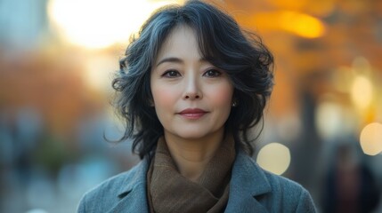 Obraz premium Middle-aged Japanese woman with casual attire and a confident look.