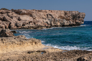 Konnos Bay Nature Trail, from Agioi Anargyroi Church to the Cyclops Cave, along the rugged coastline with beautiful sea and coast views, Cape Greco National Forest Park, Ayia Napa, Cyprus   