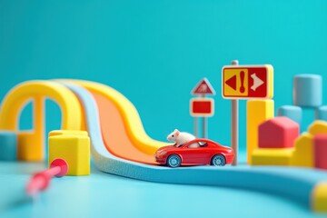 Naklejka premium A red toy car is driving down a yellow and orange ramp