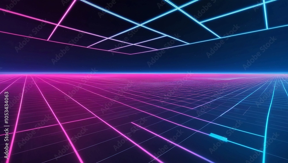 Poster futuristic digital grid background with neon lines creating a virtual horizon for tech presentations