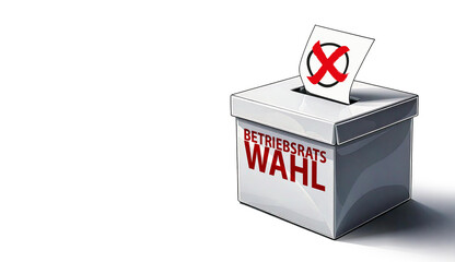Betriebsratswahl. Stilisierte Wahlurne mit Stimmzettel zum Aufruf zur Teilnahme an der Wahl des Betriebsrats