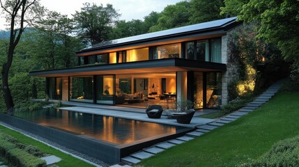 Obraz premium Modern sustainable house with renewable energy sources.