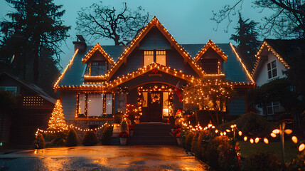 Obraz premium house covered with christmas lights and festive decorations for the holiday season