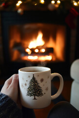 Cozy winter evening by the fireplace with a festive mug of hot beverage