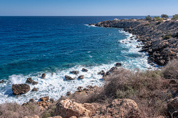 Konnos Bay Nature Trail, from Agioi Anargyroi Church to the Cyclops Cave, along the rugged coastline with beautiful sea and coast views, Cape Greco National Forest Park, Ayia Napa, Cyprus   