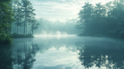 Fototapeta premium Misty morning fog rolling over a tranquil lake, 4K hyperrealistic photo