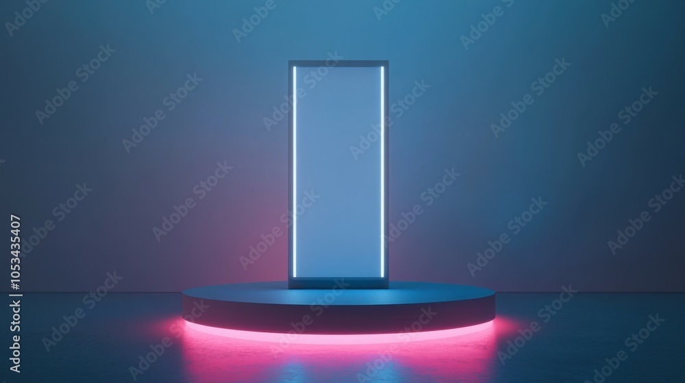 Poster mockup of a podium with a digital display screen.