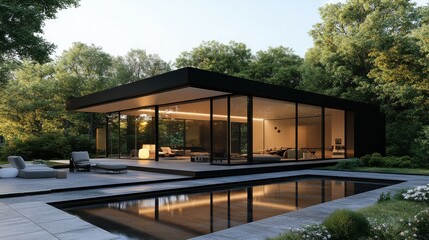Fototapeta premium Minimalist glass villa with open living spaces.