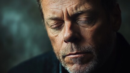 A man with a wise demeanor reflects on life as soft shadows emphasize his features. His downcast eyes evoke nostalgia, creating a profound, introspective atmosphere filled with experience.