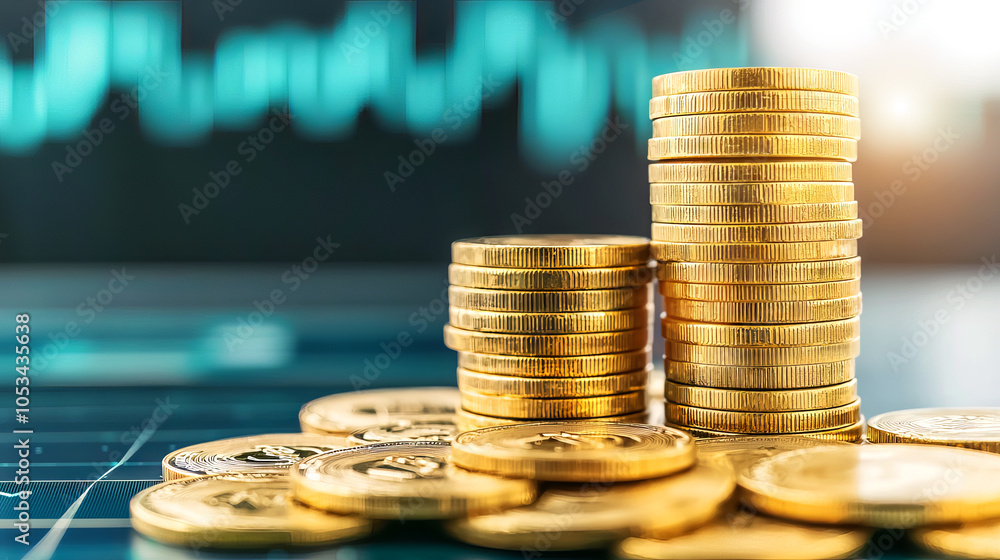 Poster a stack of golden coins sits on a surface, with a blurred graph in the background, symbolizing wealt