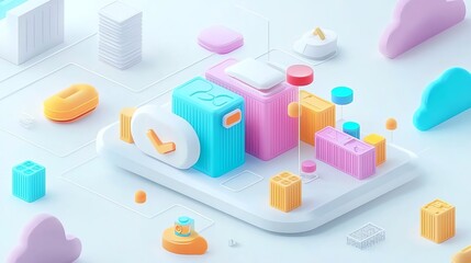 Kubernetes infrastructure with virtual pods and containers, isometric 3D, light blue and gray theme, tech clean style, no text