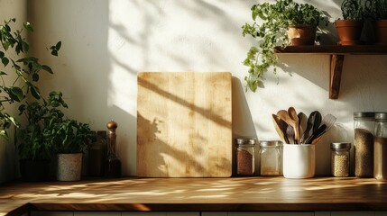 Minimalist kitchen with a blank cutting board.