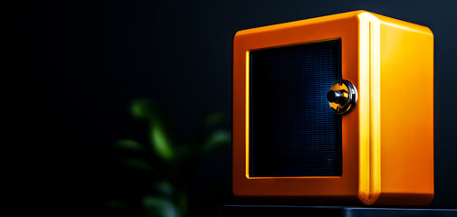 A sleek orange safe with a black secure door, positioned against a dark background, exuding an aura of security and modern design.