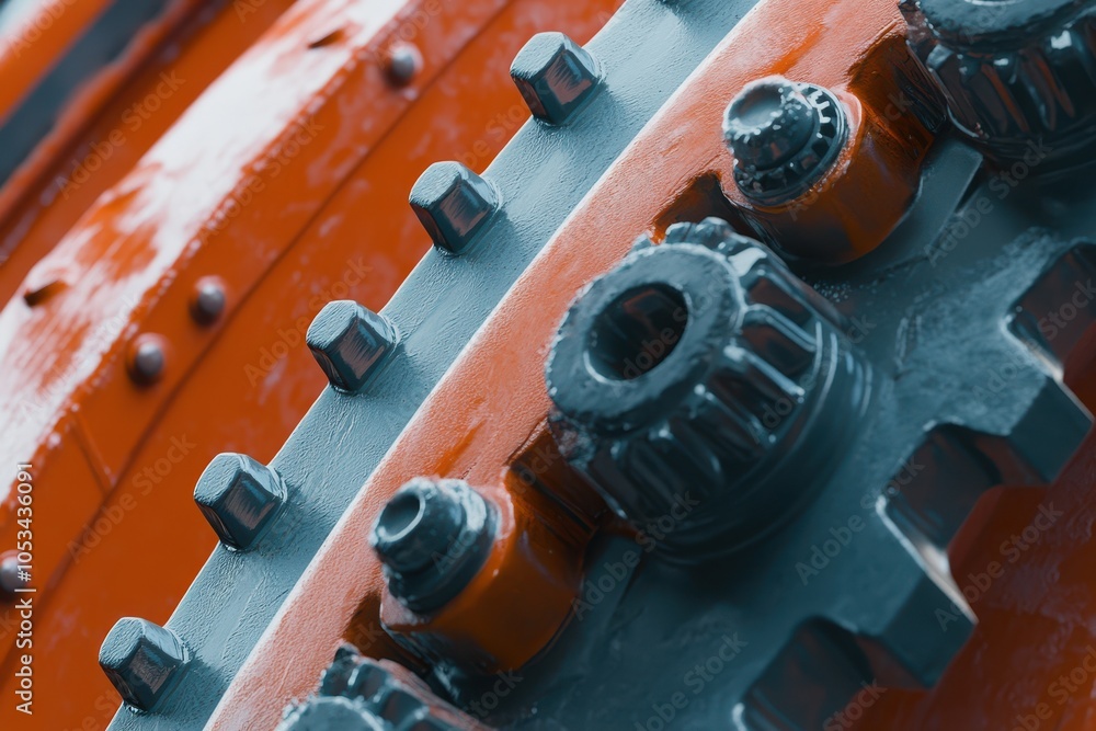 Poster a close up of a large, red and gray machine with many bolts and nuts