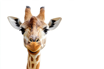 Obraz premium a portrait of a giraffe looking at the camera in close-up on a white background, a place to copy.