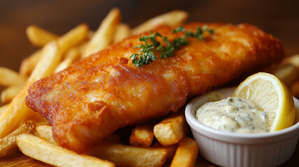 Fried fish and chips with tartar sauce and lemon wedge.