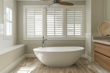 Interior of a modern bathroom featuring a freestanding bathtub and large windows covered with plantation shutters
