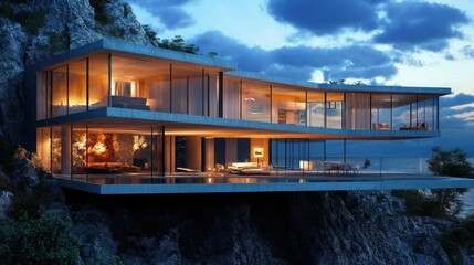 Obraz premium Modernist cliffside residence with glass walls.