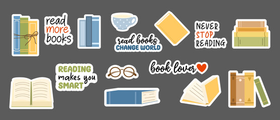 Set of stickers with different books and quotes about reading. Stacks of books to read, open books. Cozy reading set, cup and reading glasses. Textbooks for education. Flat vector illustration.