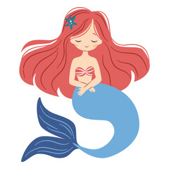 Flat vector illustration in children's style. Cute mermaid with long hair on white background. Vector illustration