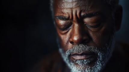 Fototapeta premium A man with a wise demeanor reflects on life as soft shadows emphasize his features. His downcast eyes evoke nostalgia, creating a profound, introspective atmosphere filled with experience.