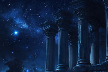 View from below of the antique columns of a ruined ancient building against the backdrop of a bright starry night sky. © Vovmar