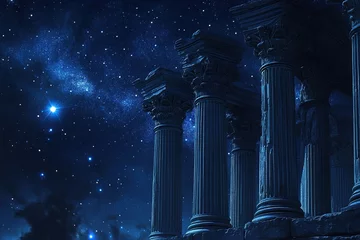 View from below of the antique columns of a ruined ancient building against the backdrop of a bright starry night sky.