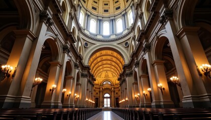 Naklejka premium Elegant cathedral interior with arches and stained glass windows