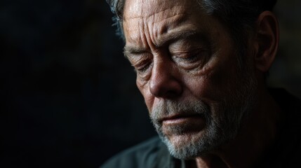 A man with a wise demeanor reflects on life as soft shadows emphasize his features. His downcast eyes evoke nostalgia, creating a profound, introspective atmosphere filled with experience.