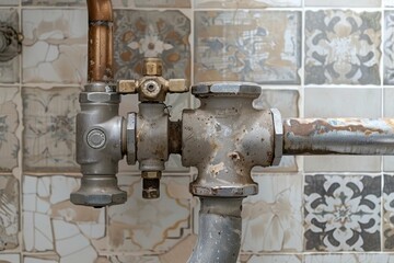 Fototapeta premium Closeup of old rusty water pipes with valves on tiled wall, concept of plumbing repair or renovation