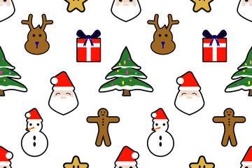Simple icon vector seamless pattern for kids with Santa, Christmas tree, reindeer, gift box, Gingerbread Cookies and snowman. Christmas print for fabric, wrapping paper, Christmas cards, scrapbooking.