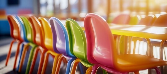 Empty Colorful Chairs in a Bright and Sunny Classroom, Ready for Students, Back to School Concept