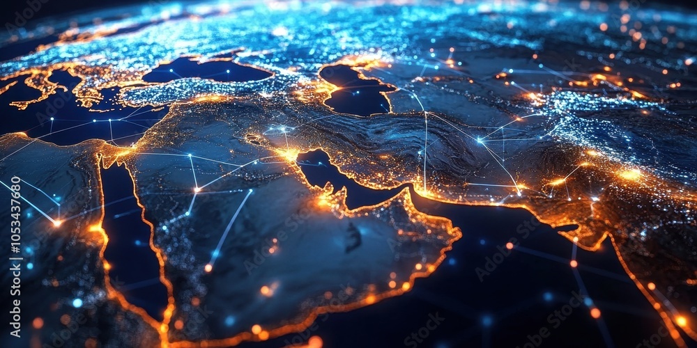 Poster global network visual with node connections and lights