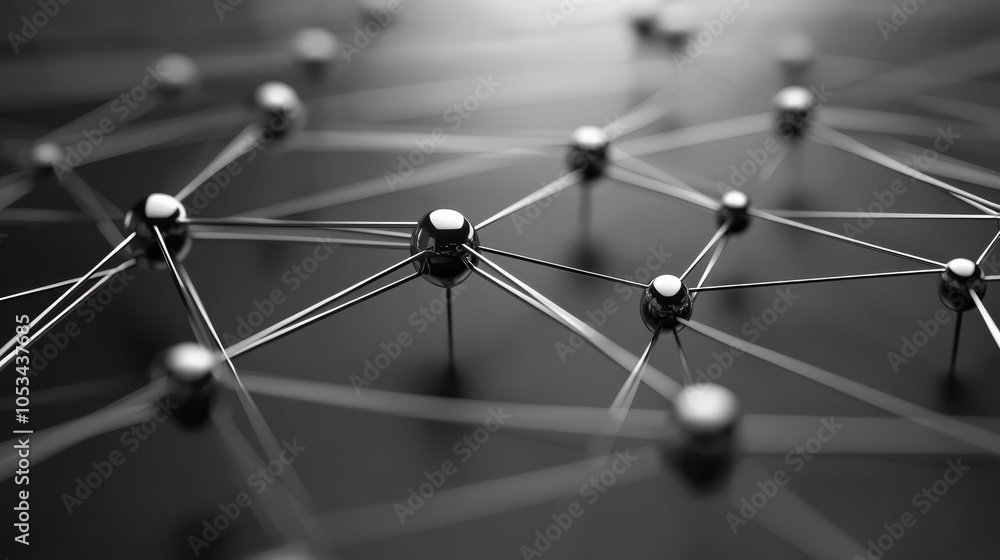 Poster interconnected world: abstract network concept. metallic spheres linked by thin wires on dark backgr
