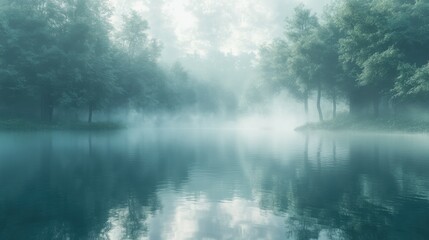 Fototapeta premium Misty morning fog rolling over a tranquil lake, 4K hyperrealistic photo